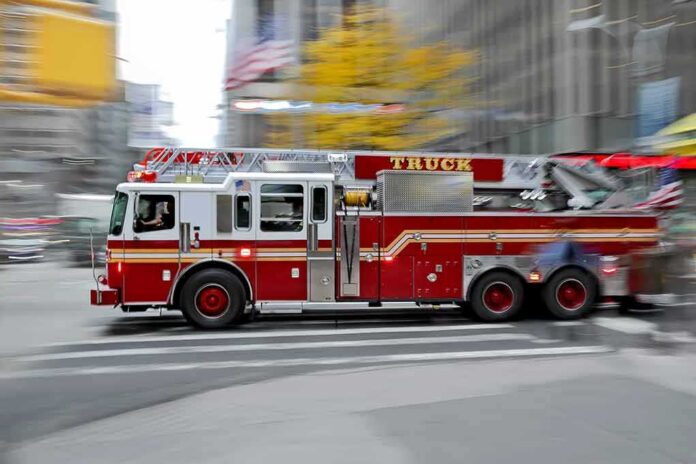 251308867 featured image Red firetruck driving quickly through city street
