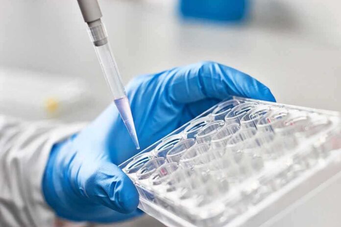 612999197 featured image Gloved hand pipetting liquid into a tray.
