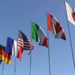 Flags of seven countries against clear blue sky