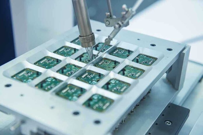 Robotic arm assembling electronic circuit boards in production