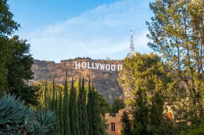 Hollywood sign on hill surrounded by trees and buildings