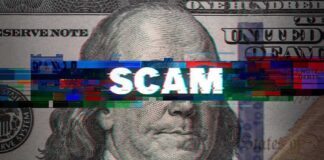 Scam text overlaid on distorted 100 dollar bill