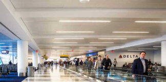 People walking through an airport terminal