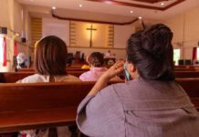 People sitting in church pews during service