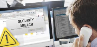 Security breach alert displayed on computer monitor.