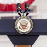 Vice Presidential podium with microphones and emblem