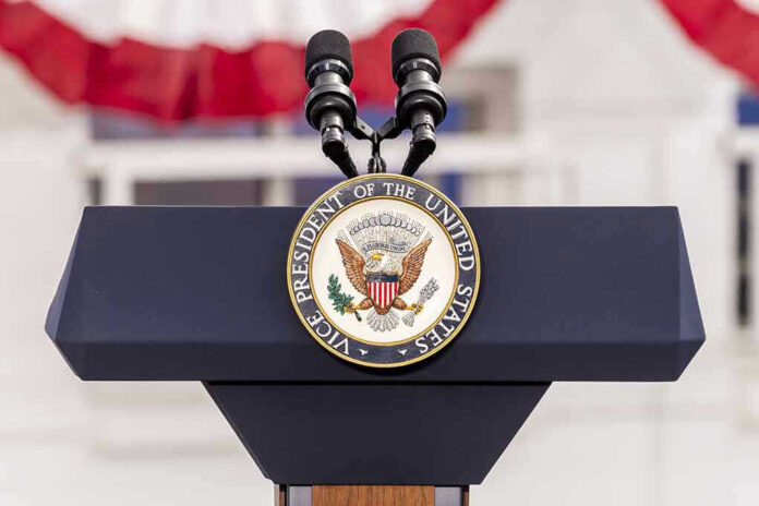 638168197 Vice Presidential podium with microphones and emblem
