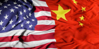 United States flag merged with China flag.