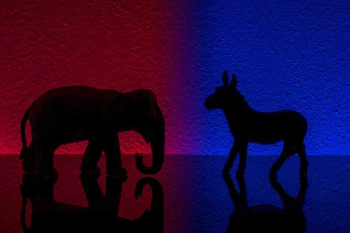 Elephant and donkey silhouettes on red and blue backgrounds.
