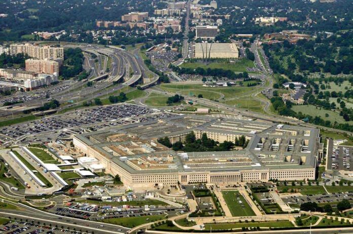 Aerial view of the Pentagon surrounded by highways and urban areas