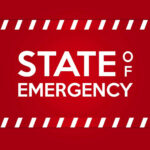 STATE OF EMERGENCY in bold white text on red background.