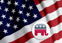 GOP Candidate DROPS OUT After Drive-By Shooting American flag with Republican elephant symbol.