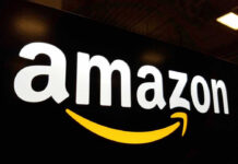 Amazon logo with yellow curved arrow underneath.