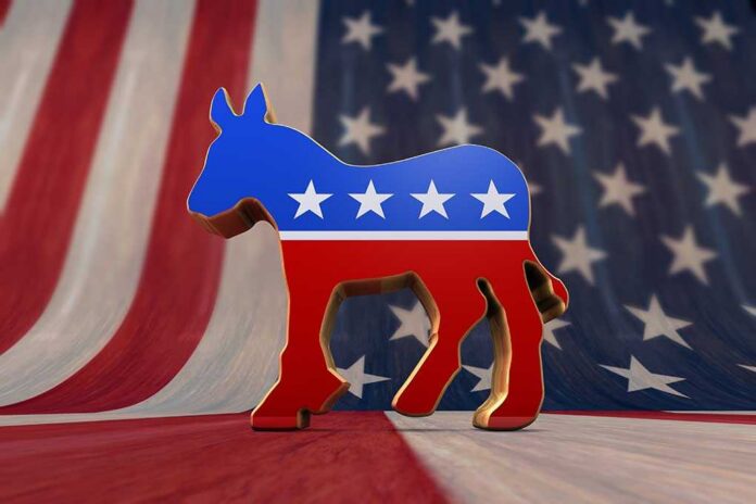 Democrat,Party,Symbol,On,An,American,Flag,Background A donkey symbol representing the Democratic Party in front of an American flag background