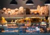 Bakery display with assorted breads and pastries