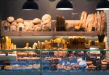 Bakery display with assorted breads and pastries