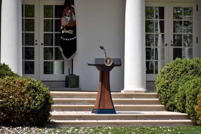 Podium with presidential seal in a garden colonnade