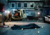 Knife In Neck Corpse ROCKS Neighborhood crime scene with body bag in alley