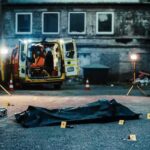 Knife In Neck Corpse ROCKS Neighborhood crime scene with body bag in alley