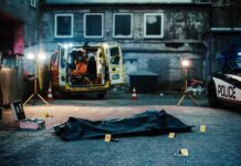 crime scene with body bag in alley