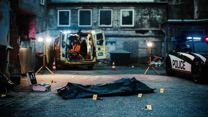 shutterstock_2230645607 crime scene with body bag in alley