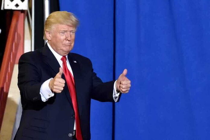 Donald Trump giving two thumbs up in front of a blue curtain