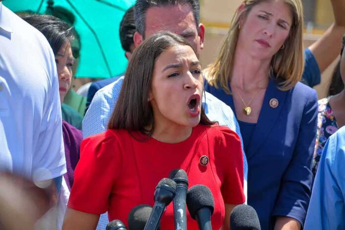 shutterstock_1439783048 Woman in red dress speaking passionately at outdoor press conference