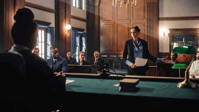 shutterstock_2056444955 Doran Grant in a courtroom as a lawyer addresses the judge