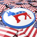 Democratic donkey symbol on a campaign button