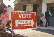 Far Left Surges – Muslim Voters Behind Socialism Red voting sign with arrow near people entering a polling place