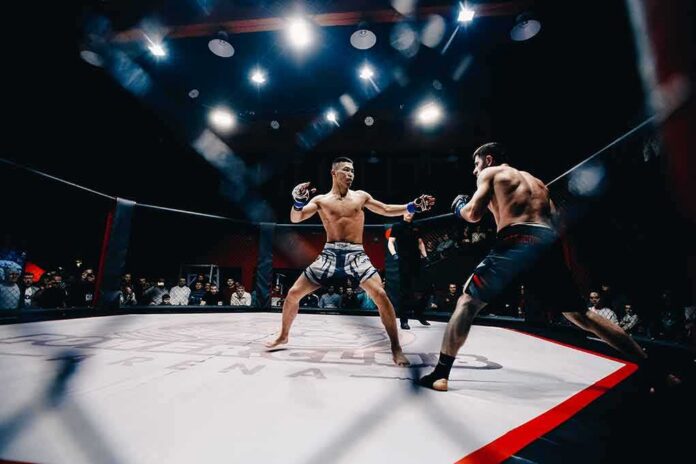 Two MMA fighters square off in a caged octagon