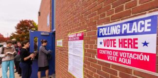 Johanna Goliszewski in line at a polling place entrance