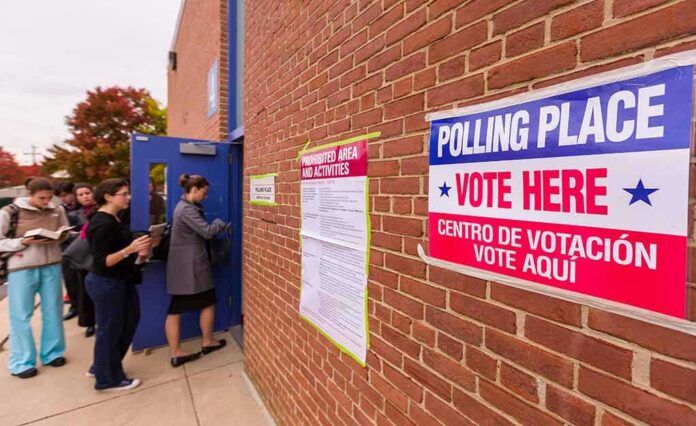 Johanna Goliszewski in line at a polling place entrance