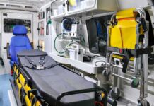 Ambulance interior with stretcher and medical equipment
