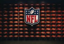 NFL Star Attacks Rival on the Bench! NFL shield logo over wall of footballs