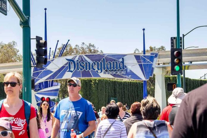 shutterstock_1415780732 Crowd walking past a Disneyland Resort entrance sign