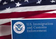 U.S. ICE document against American flag