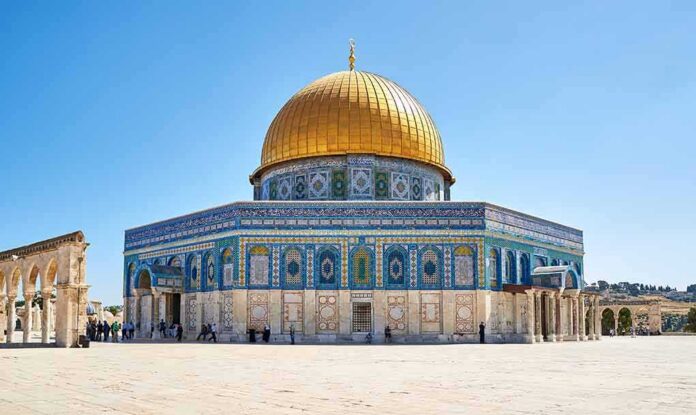 Dome of the Rock with golden dome and blue tilework