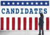 Man in suit writing on wall with word candidates and patriotic design