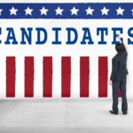 Governor Blasts GOP for Supporting Candidate Accused of Child Sexual Assault Man in suit writing on wall with word candidates and patriotic design